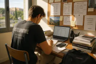 Osteopathy student in Provence studying finances alone in a sunlit university room, surrounded by notes and textbooks, appearing focused and contemplative.