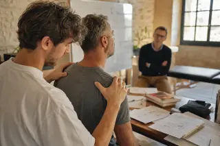 Osteopathy student performing a focused shoulder palpation on a patient in a university training room, supervisor observing discreetly in a warm, naturally lit, academic environment.