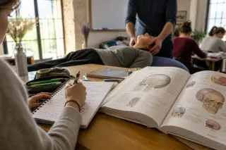 Attentive student taking notes on anatomy in a warm osteopathy school, while an instructor demonstrates a technique in the background