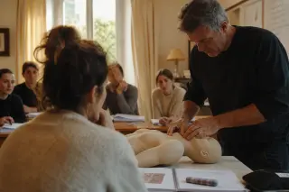 Practitioner demonstrating osteopathy technique on a mannequin in a Provence classroom, watched closely by attentive student, with soft natural lighting and warm, authentic atmosphere.