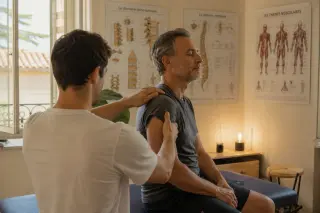 Osteopathy student performing a careful shoulder assessment on an older patient in a warmly lit school clinic in Provence, with a natural, studious atmosphere.
