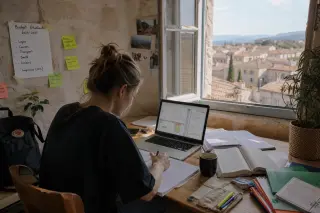 Student planning her finances at a desk in a sunlit Provence studio with study materials, financial notes, and warm, natural light.
