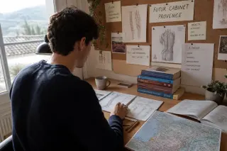 Young osteopath in a student office, reviewing notes and planning, with natural sunlight and Provence map in a cozy, real workspace.