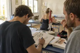 Osteopathy student sketching anatomy diagrams in a sunlit classroom, guided by a quiet mentor, with natural light and a calm, authentic atmosphere.