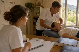 Osteopathy student attentively takes notes beside a mentor performing a gentle neck technique on a patient in a naturally-lit, warm student clinic in Provence.