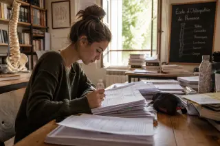 Osteopathy student in Provence intently studying at a desk in a sunlit classroom, surrounded by anatomy notes and textbooks, with a calm academic atmosphere.