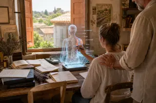 Osteopathy student in a rustic Provence study leaning over a 3D anatomical projection with mentor’s hand guiding her posture, surrounded by books and lavender in gentle sunlight.