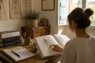Young female osteopathy student studying an anatomical diagram at a wooden desk in a warmly lit, Provençal school office with sunlight and subtle lavender décor.