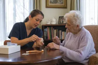 Elderly woman attentively watching a visiting dentist demonstrate dental prosthesis handling at a cozy table in a softly lit senior residence